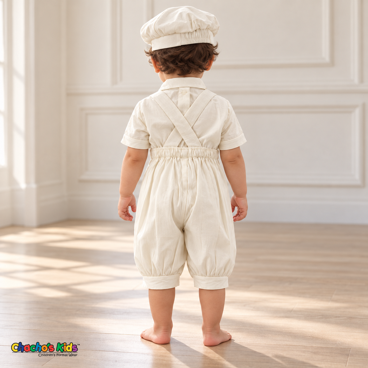 Tony ivory five-piece boys baptism outfit, romper back without coat showing shirt and romper pants