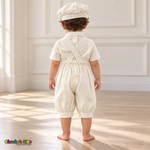 Tony ivory five-piece boys baptism outfit, romper back without coat showing shirt and romper pants