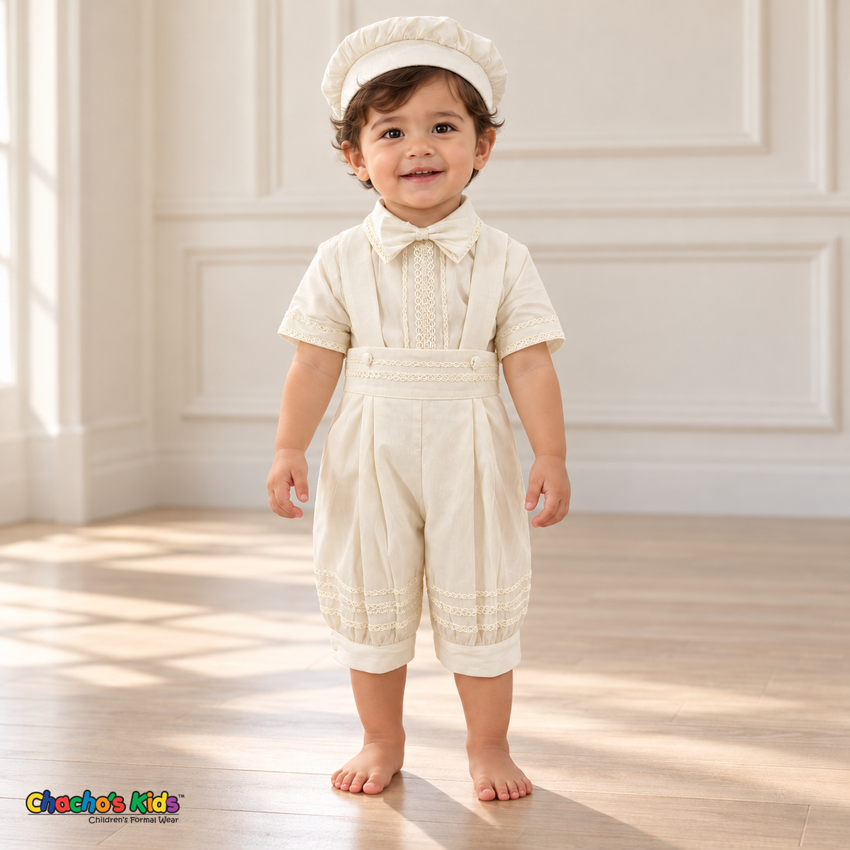Tony ivory five-piece boys baptism outfit, romper front without coat showing shirt and romper pants