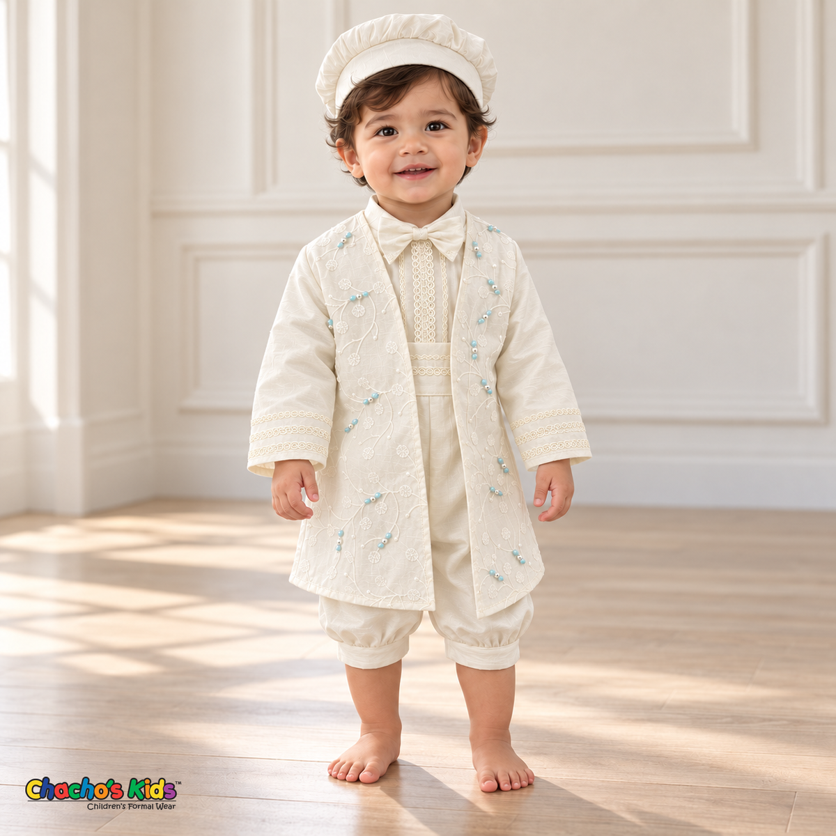 Tony ivory five-piece boys baptism outfit, three quarter front with embroidered coat and lace trim