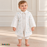Tony white five-piece boys baptism outfit, coat front detail with embroidered coat and lace trim