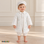 Tony white five-piece boys baptism outfit, full front with embroidered coat and lace trim