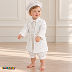 Tony white five-piece boys baptism outfit, right side with embroidered coat and lace trim