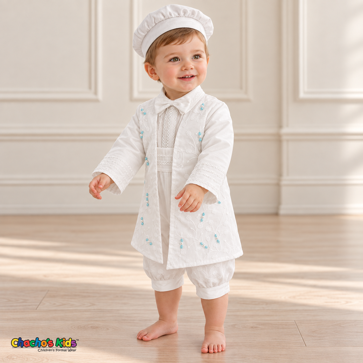 Tony white five-piece boys baptism outfit, right side with embroidered coat and lace trim