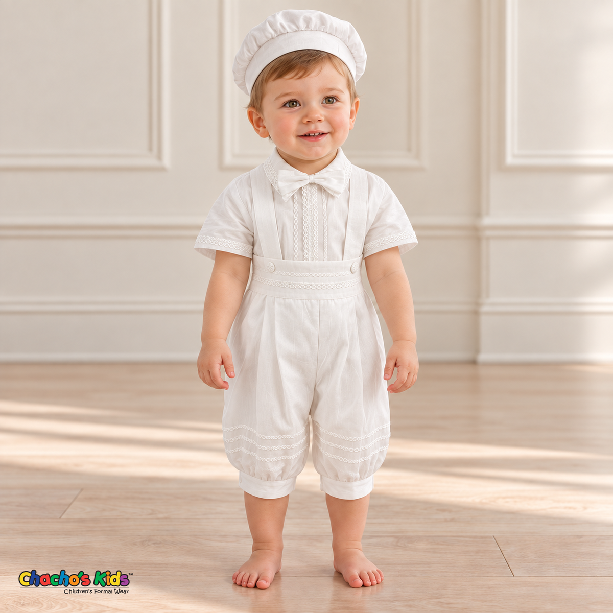 Tony white five-piece boys baptism outfit, romper front without coat showing shirt and romper pants