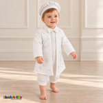 Tony white five-piece boys baptism outfit, three quarter front with embroidered coat and lace trim