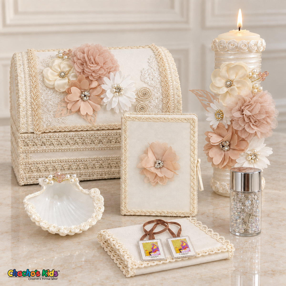 Seven-piece ivory and peach baptism set with wooden keepsake chest, lit candle, Bible, shell, rosary jar, handkerchief, and brown-ribbon scapular.