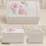 Three-view collage showing the floral lid, lace-covered front, and rounded side of the white baptism keepsake chest.