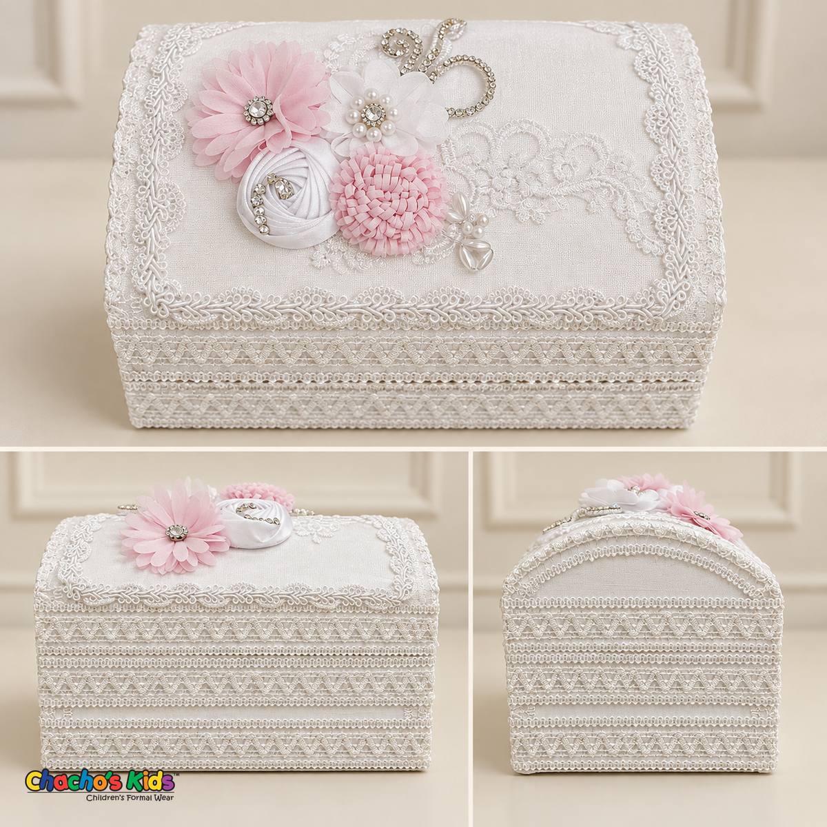 Three-view collage showing the floral lid, lace-covered front, and rounded side of the white baptism keepsake chest.