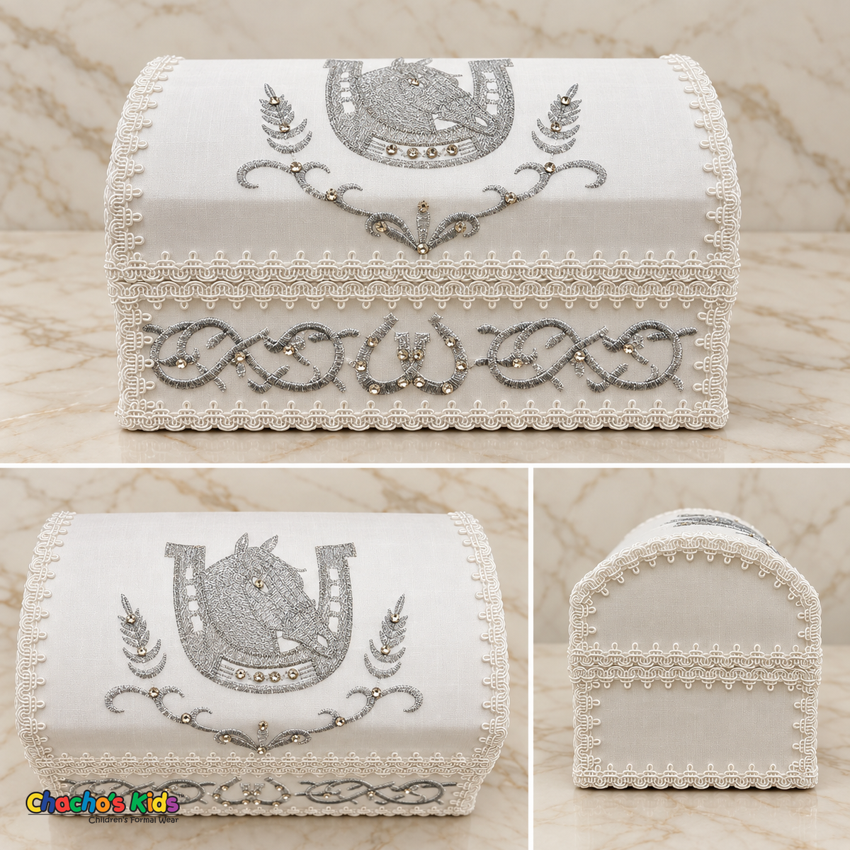 Three views of the white and silver horse baptism chest showing the embroidered front, horse-and-horseshoe lid and plain trimmed side.