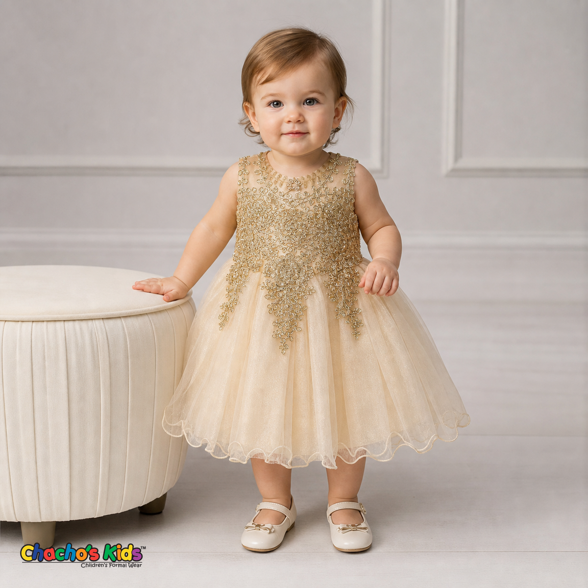 Baby wearing Champagne Baby Embroidered Tulle Dress for weddings and parties, style 9004m - Chacho's Kids