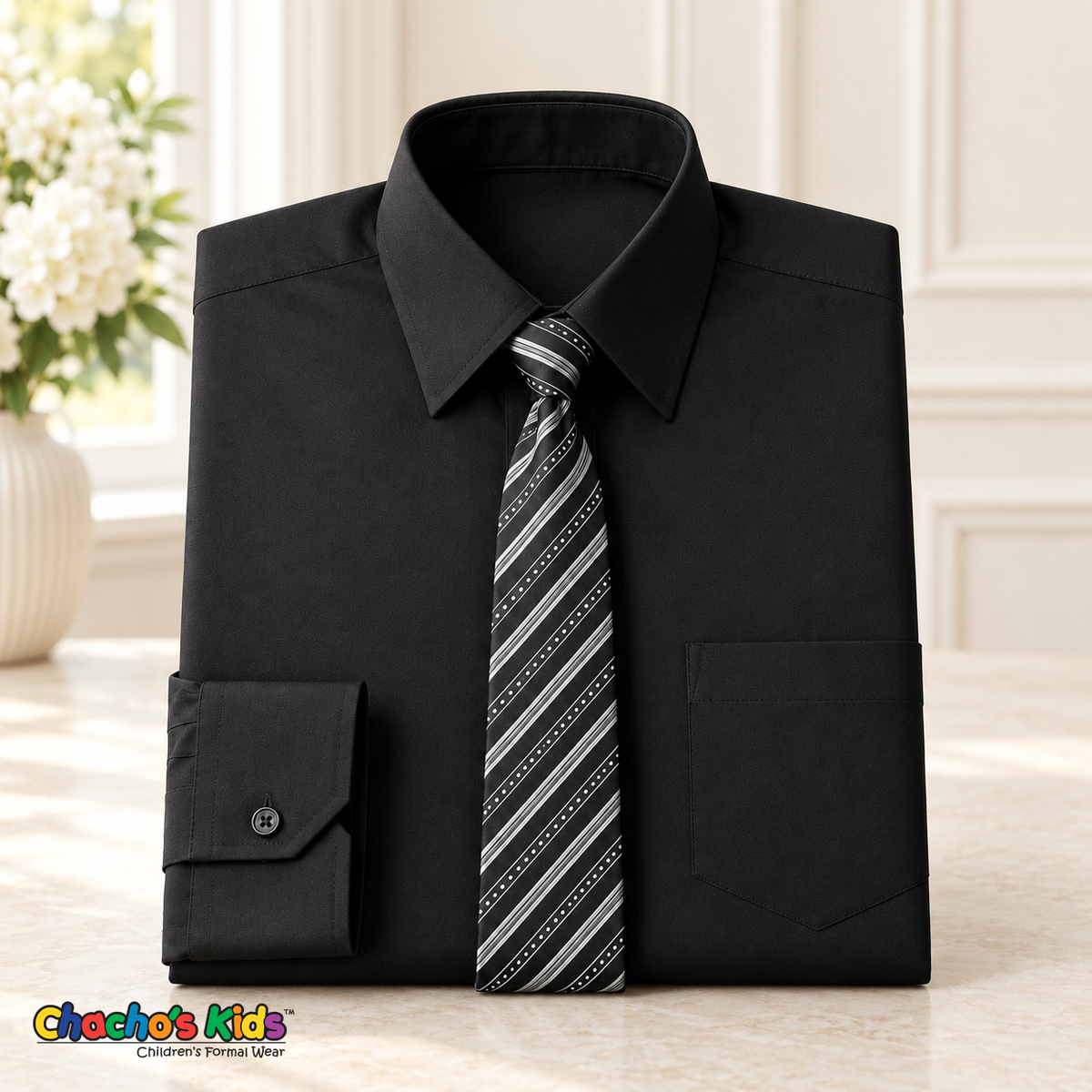Classic black dress shirt neatly folded with its coordinating striped tie