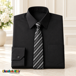 Classic black dress shirt neatly folded with its coordinating striped tie