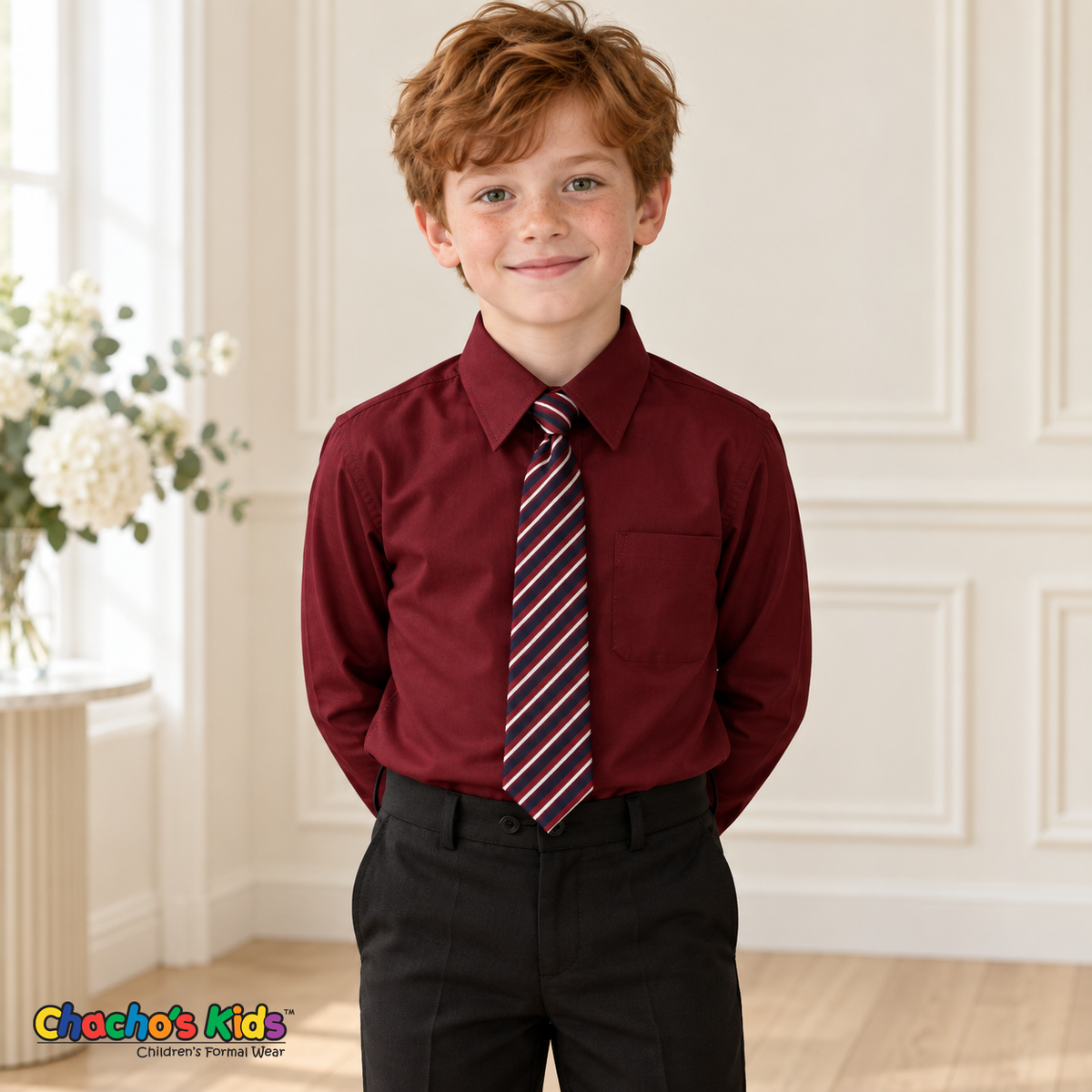 Boy wearing a classic burgundy long-sleeve dress shirt with its coordinating patterned tie and black dress pants