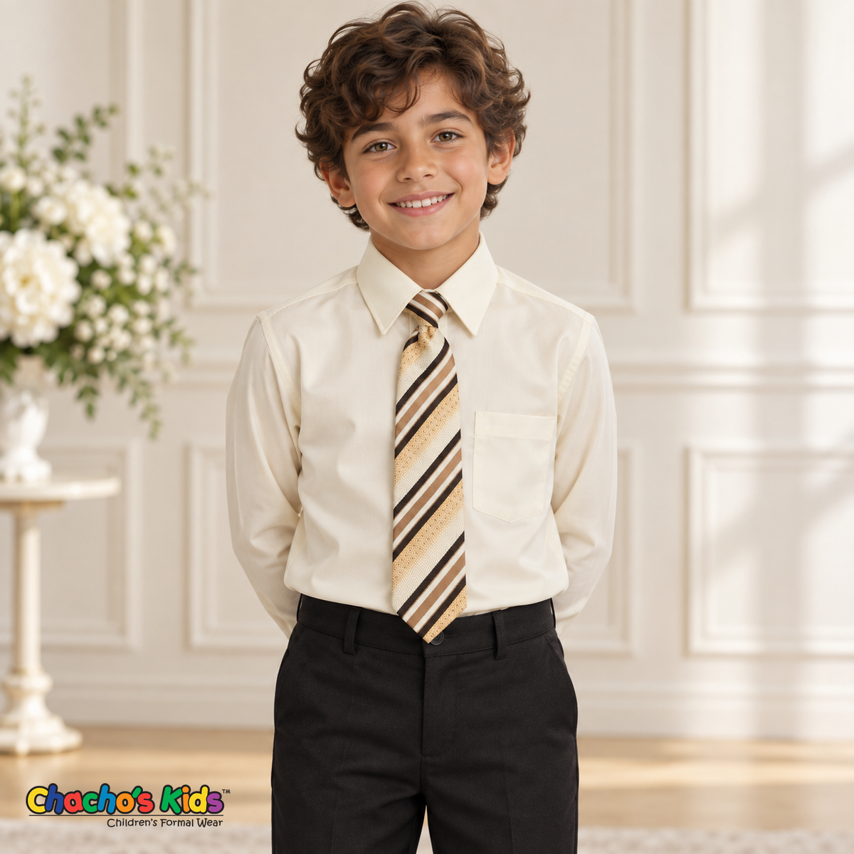 Boy wearing a classic ivory long-sleeve dress shirt with its coordinating patterned tie and black dress pants