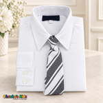 Classic white dress shirt neatly folded with its coordinating patterned tie
