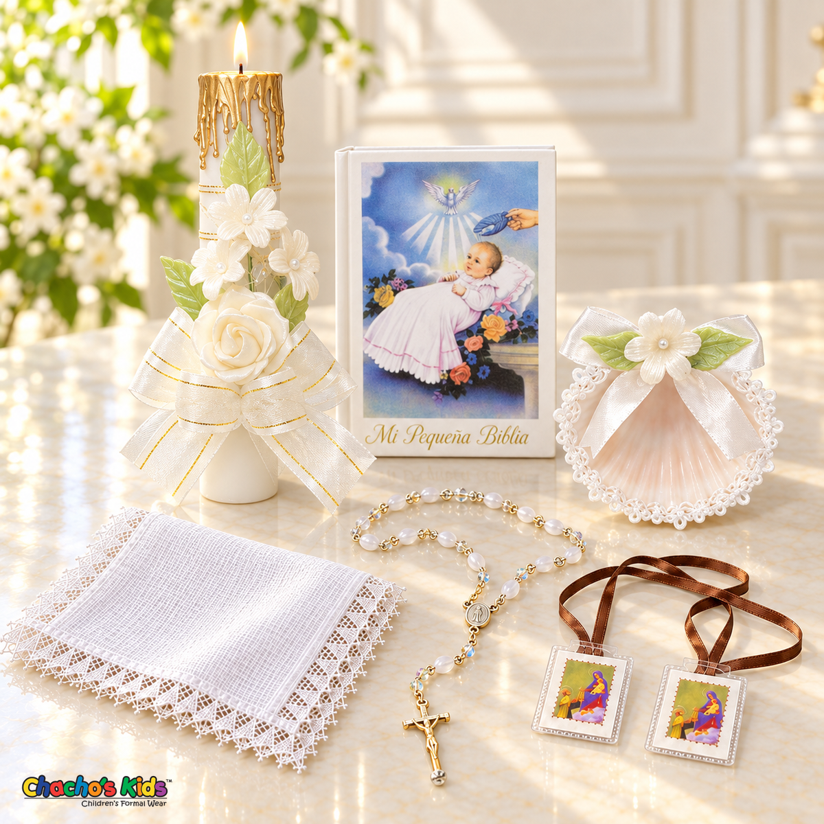 CS-B100 ivory rose six-piece Spanish baptism set with gold accents and lit candle