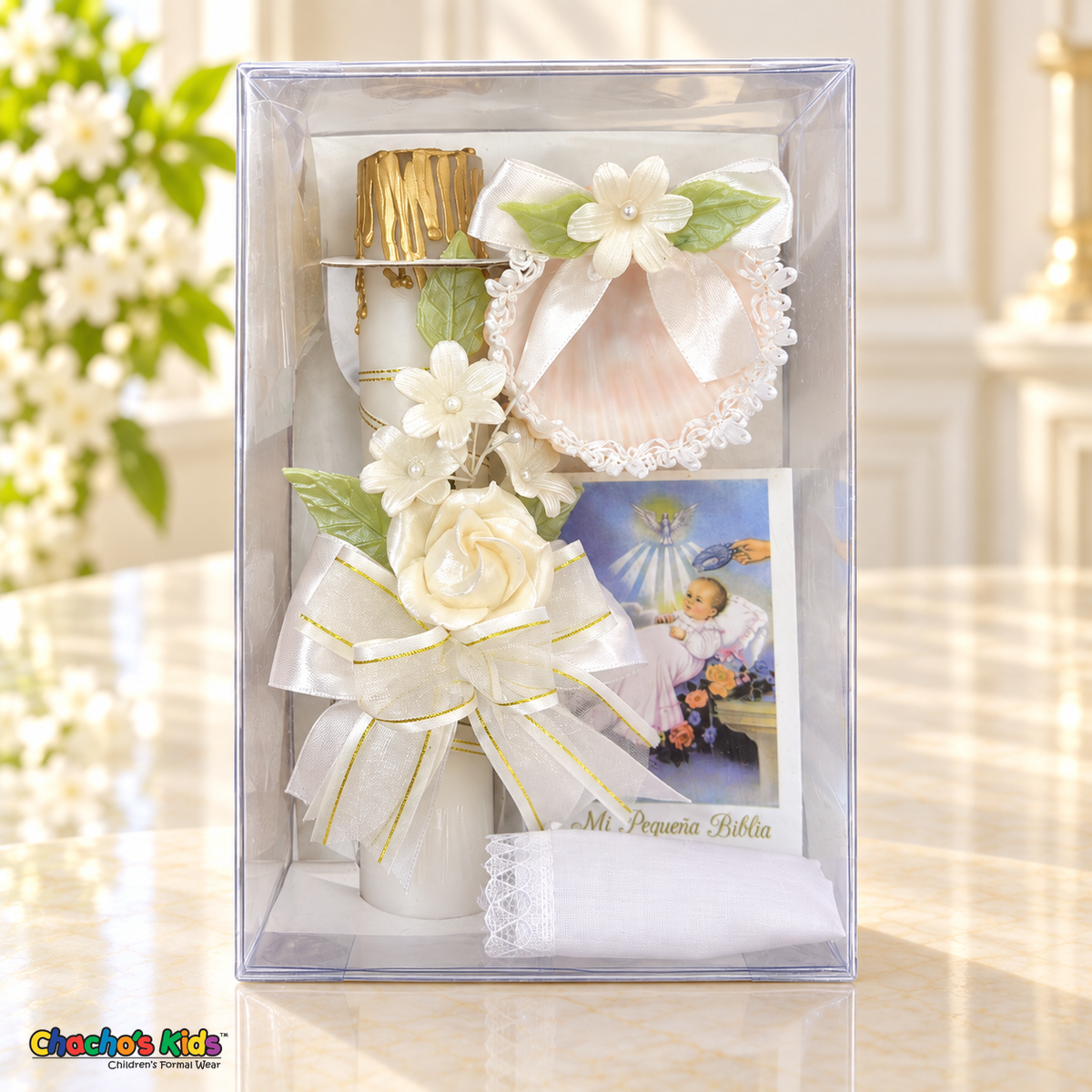CS-B100 ivory rose Spanish baptism set in upright clear gift box
