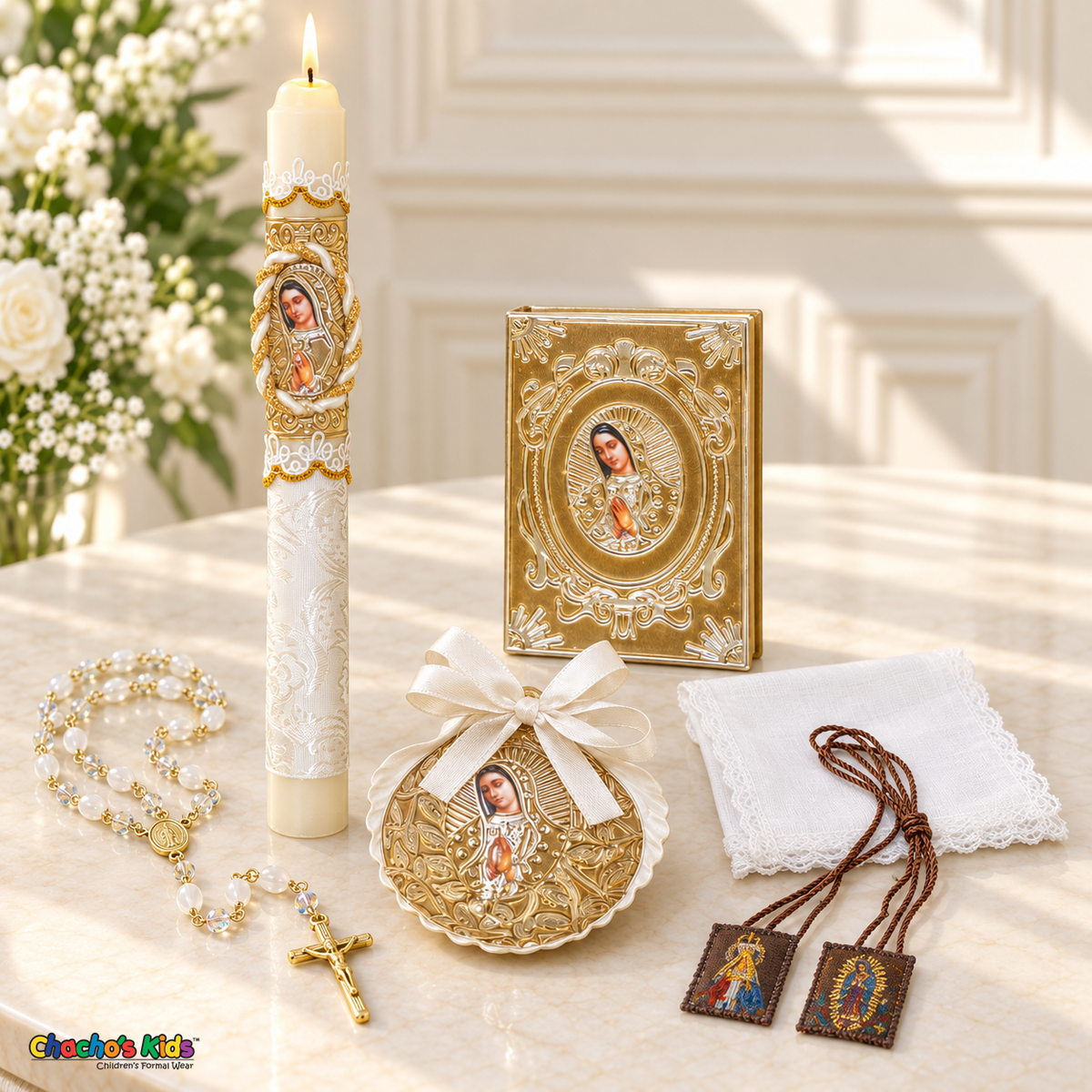 CS-B126 six-piece Spanish baptism set with lit ivory candle, gold Virgin Mary prayer book and shell, rosary, scapular and lace handkerchief