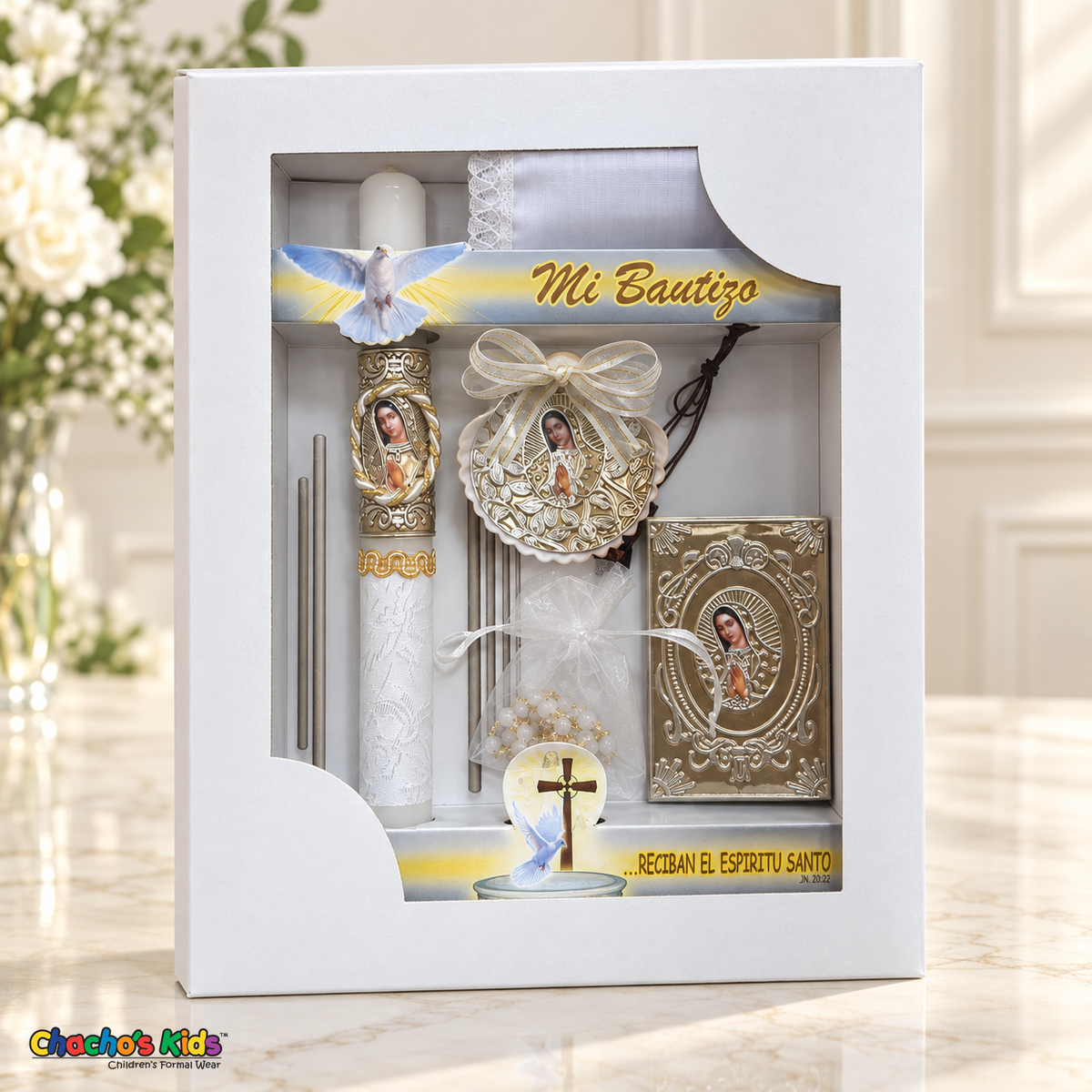 CS-B126 Spanish six-piece baptism set in upright white Mi Bautizo window gift box with Virgin Mary candle, prayer book and accessories