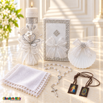 CS-BN06 white and silver six-piece Spanish baptism set with lit candle, prayer book, shell, rosary, cloth and brown cord scapular
