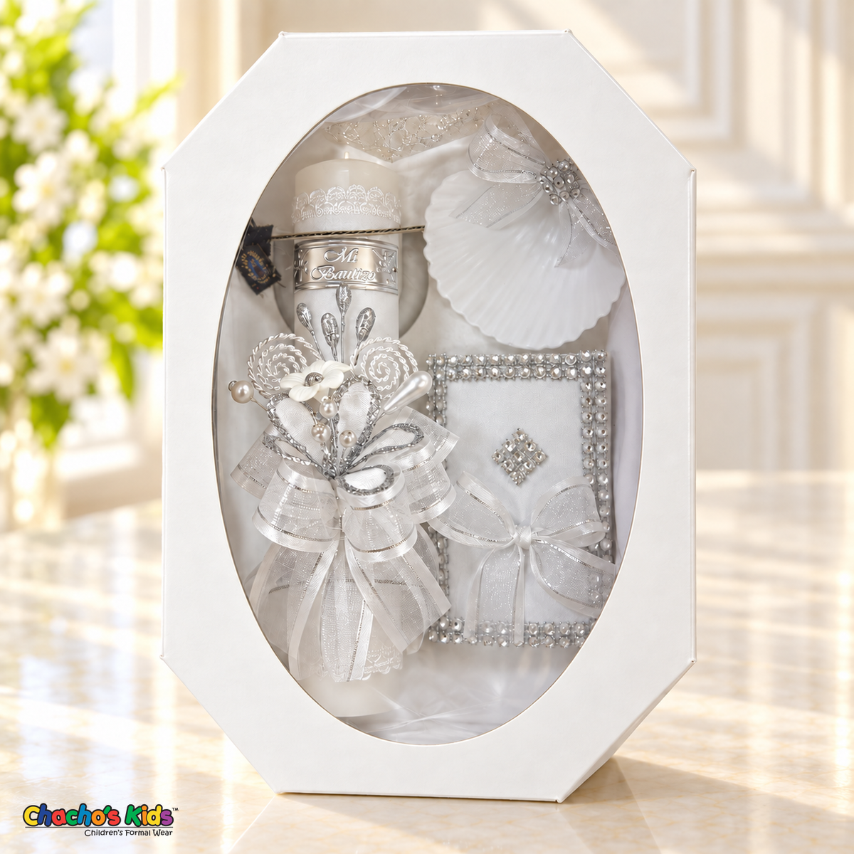 CS-BN06 white and silver Spanish baptism candle gift set in upright window box