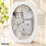 CS-BN06 white and silver Spanish baptism candle gift set in upright window box