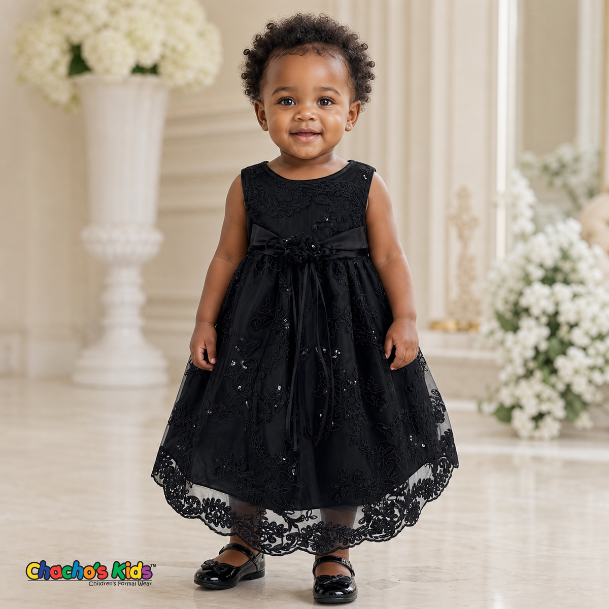 Black D-1560 baby embroidered lace and tulle party dress modeled by a toddler - Chacho's Kids