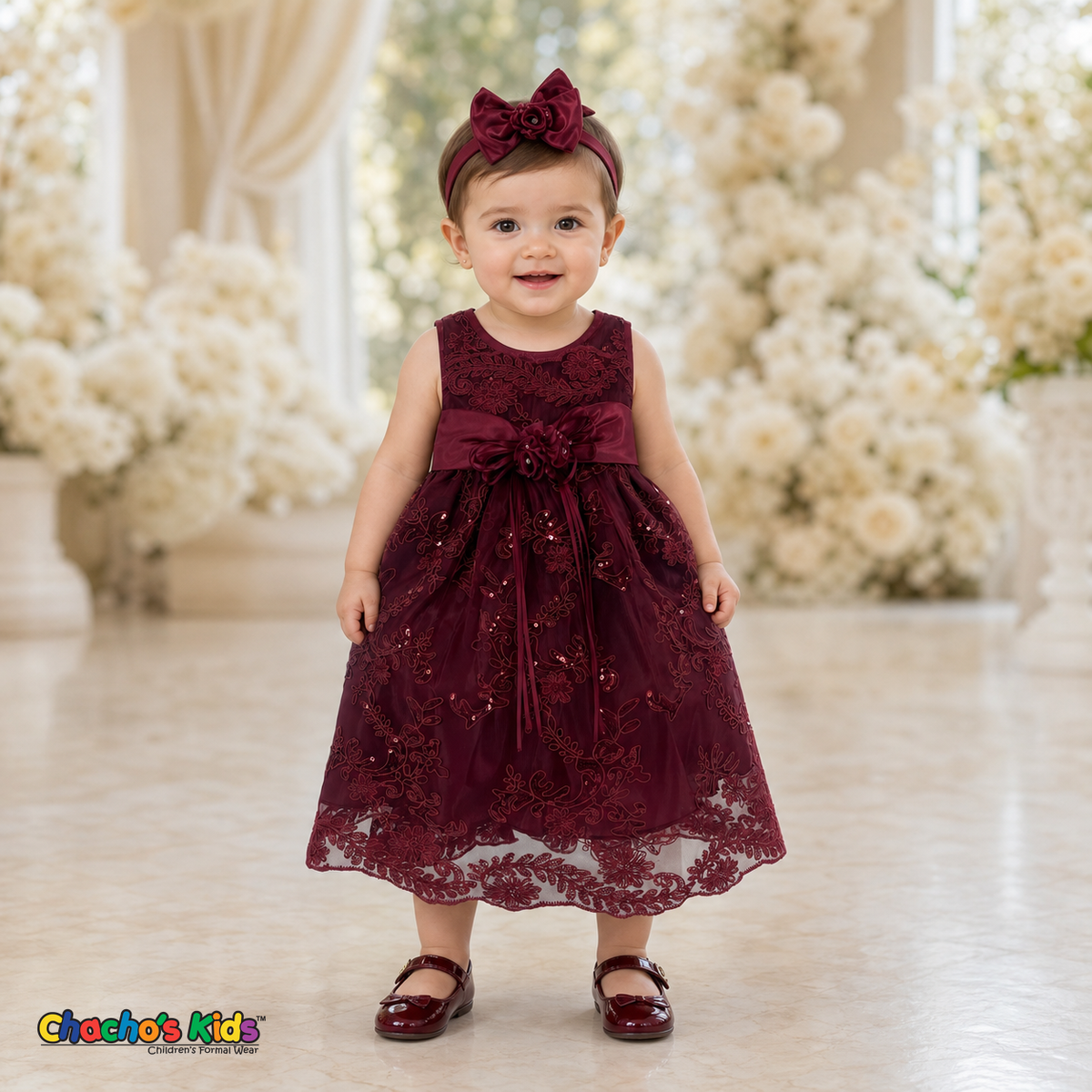 Baby girl wearing burgundy embroidered lace and tulle dress style D-1560 | Chacho's Kids