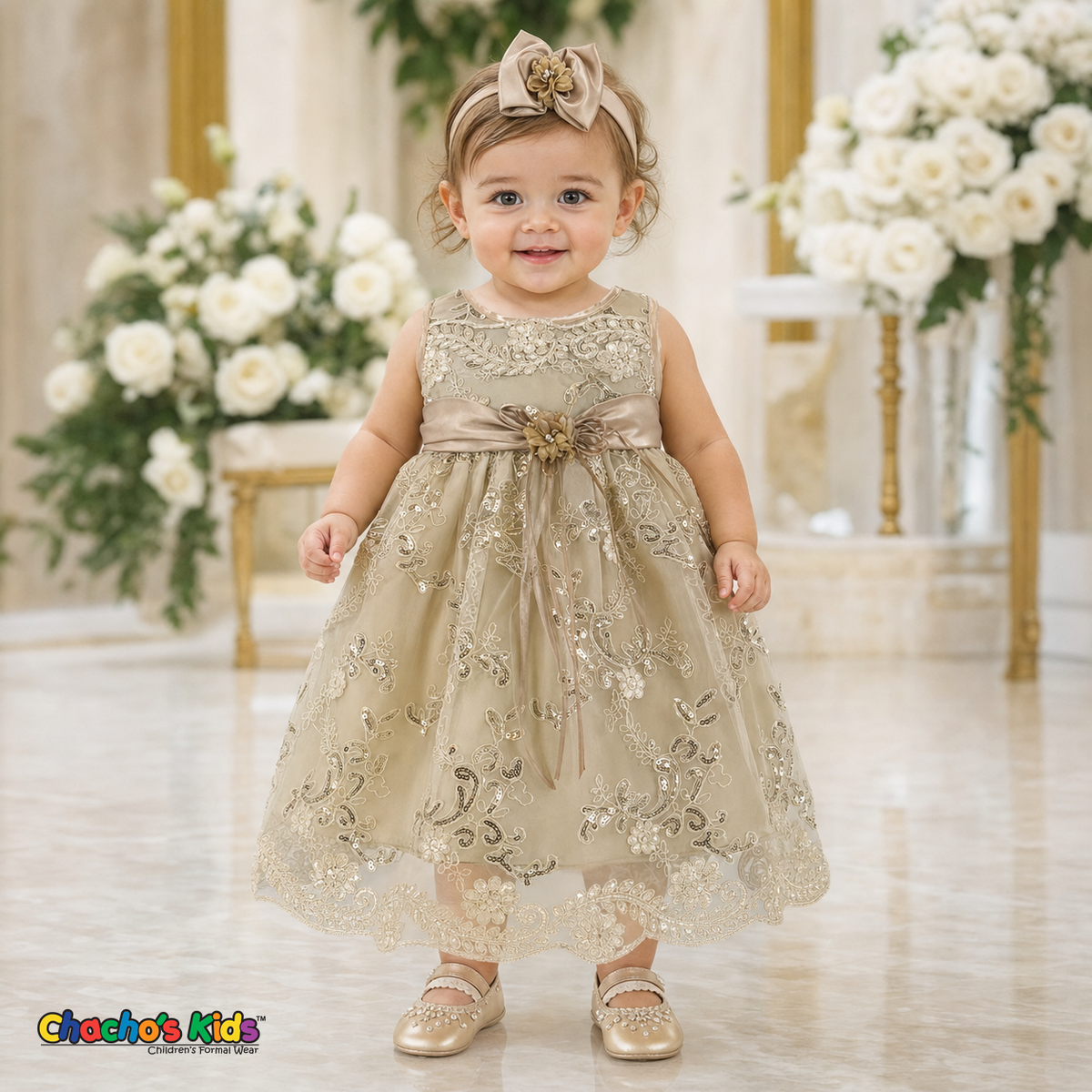 Baby girl wearing champagne embroidered lace and tulle dress style D-1560 | Chacho's Kids