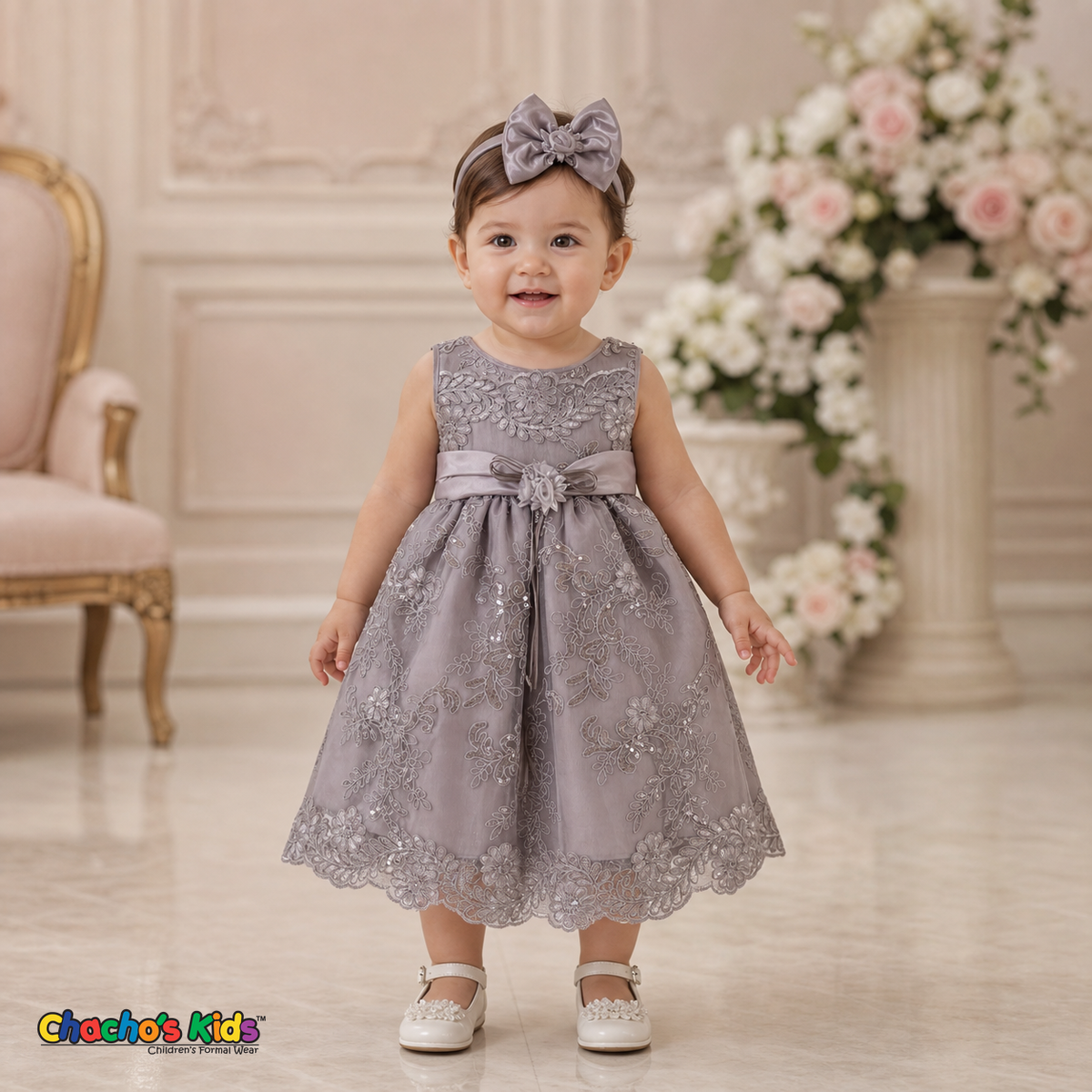 Baby girl wearing dusty rose embroidered lace and tulle dress style D-1560 | Chacho's Kids
