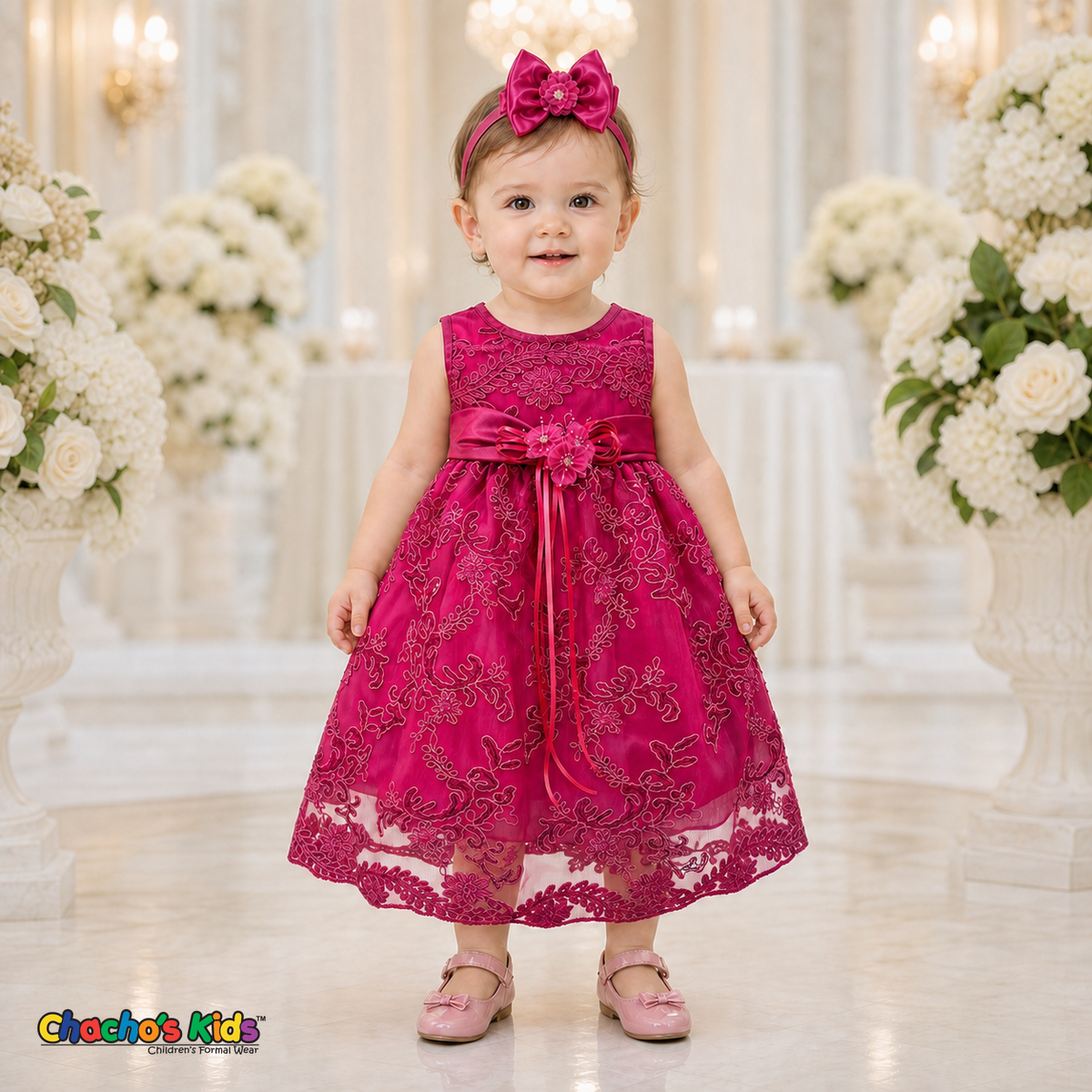 Baby girl wearing vivid fuchsia floral embroidered lace and tulle dress style D-1560 | Chacho's Kids