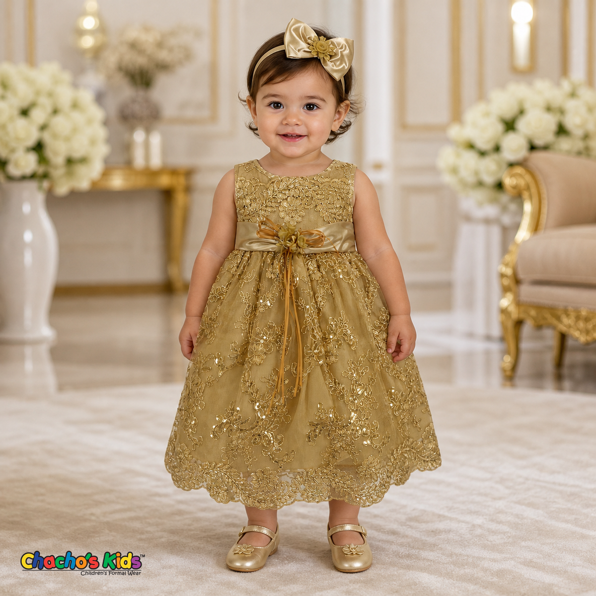 Baby girl wearing gold embroidered lace and tulle dress style D-1560 | Chacho's Kids