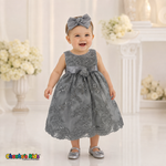 Baby girl wearing gray embroidered lace and tulle dress style D-1560 | Chacho's Kids