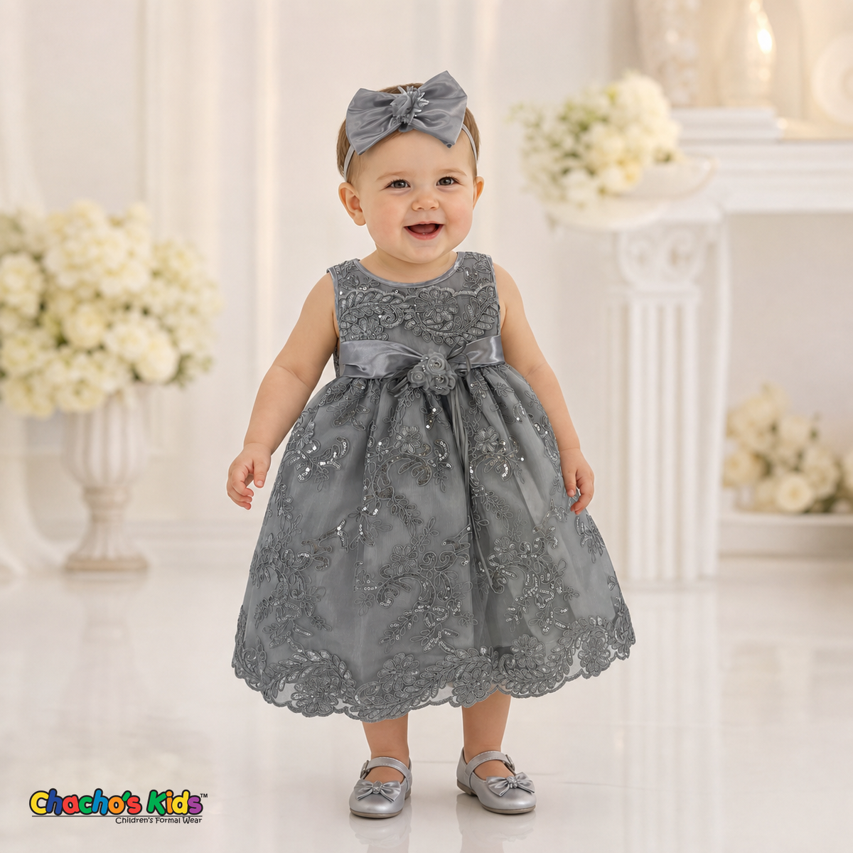 Baby girl wearing gray embroidered lace and tulle dress style D-1560 | Chacho's Kids