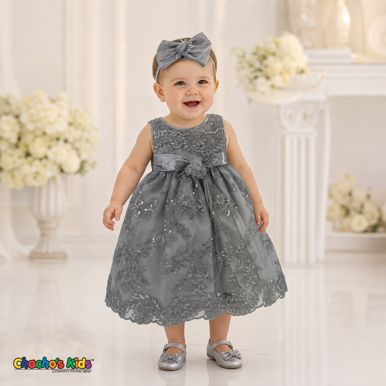 Baby girl wearing gray embroidered lace and tulle dress style D-1560 | Chacho's Kids