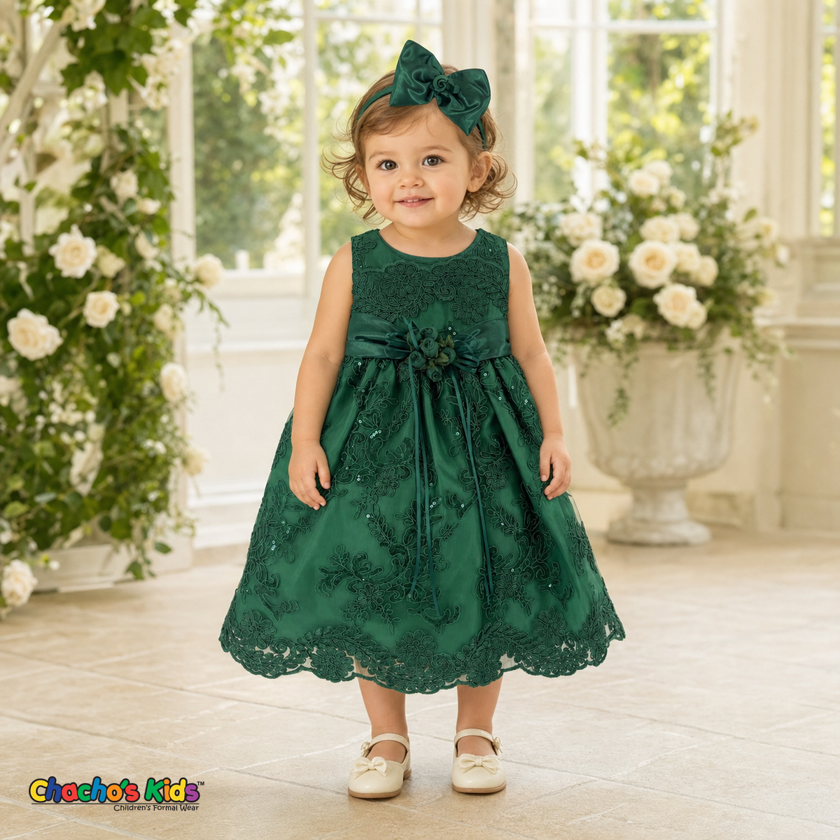 Baby girl wearing hunter green embroidered lace and tulle dress style D-1560 | Chacho's Kids