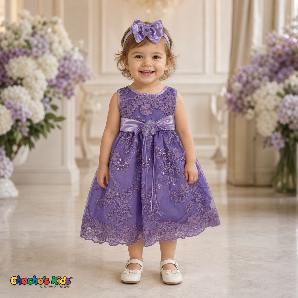 Baby girl wearing lilac embroidered lace and tulle dress style D-1560 | Chacho's Kids