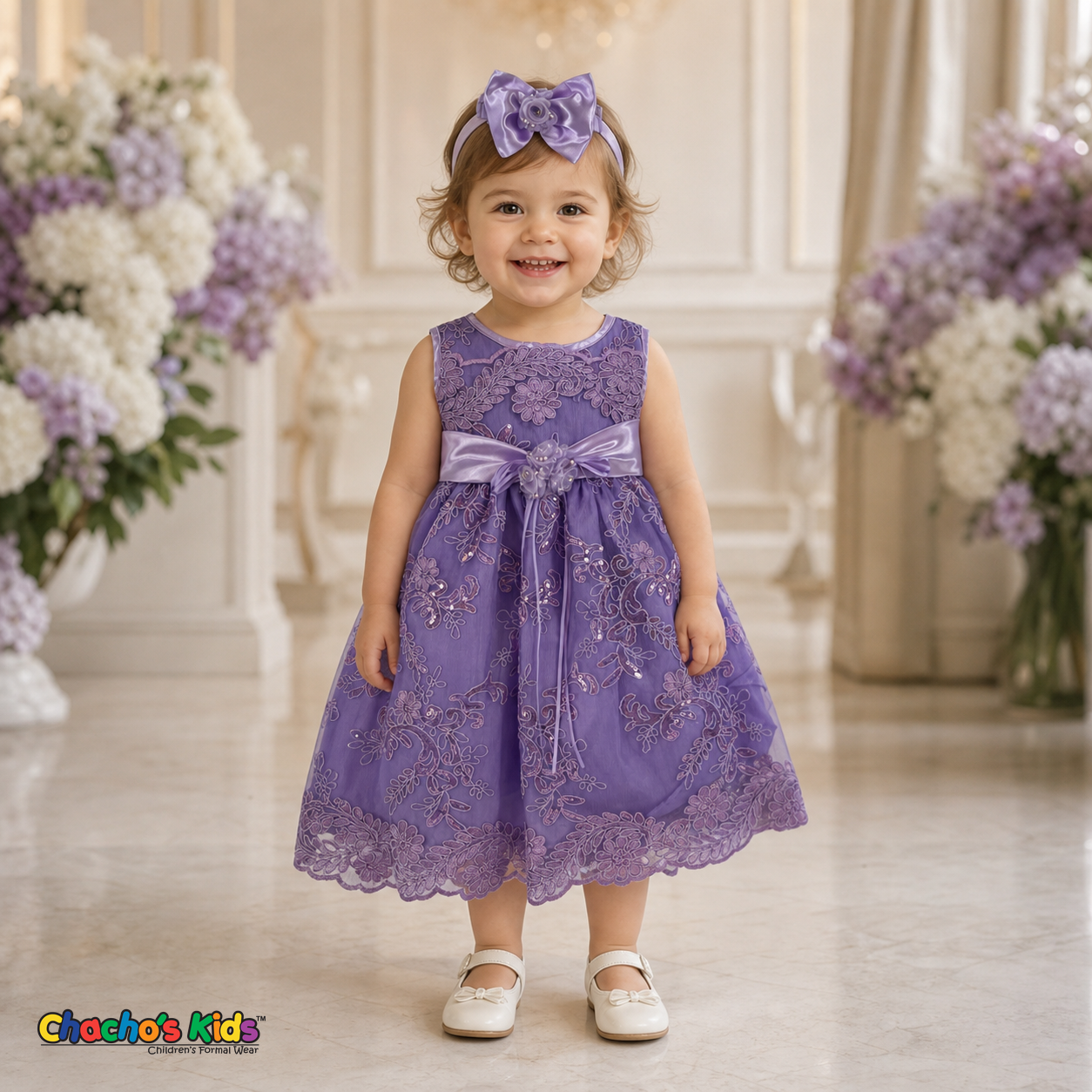 Baby girl wearing lilac embroidered lace and tulle dress style D-1560 | Chacho's Kids
