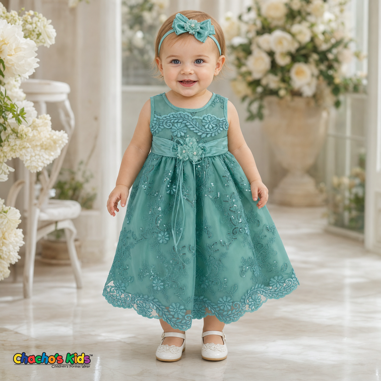 Baby girl wearing mint green embroidered lace and tulle dress style D-1560 | Chacho's Kids