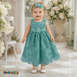 Baby girl wearing mint green embroidered lace and tulle dress style D-1560 | Chacho's Kids