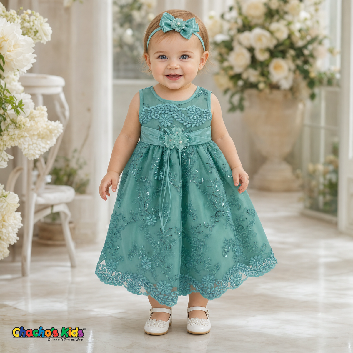 Baby girl wearing mint green embroidered lace and tulle dress style D-1560 | Chacho's Kids
