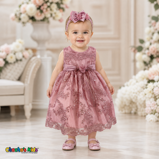 Baby girl wearing dusty rose embroidered lace and tulle dress style D-1560 | Chacho's Kids