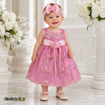 Baby girl wearing pink floral embroidered lace and tulle dress style D-1560 | Chacho's Kids