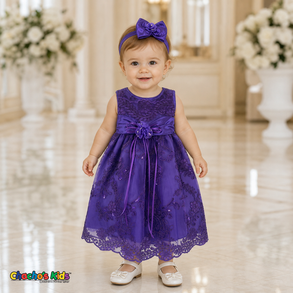 Baby girl wearing purple embroidered lace and tulle dress style D-1560 | Chacho's Kids