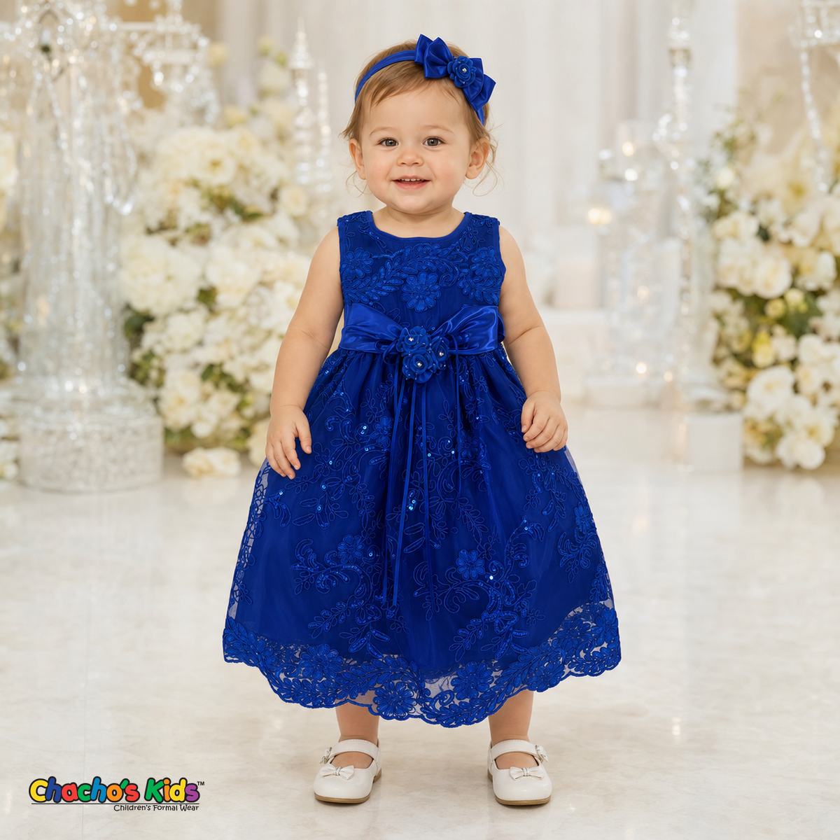 Baby girl wearing royal blue embroidered lace and tulle dress style D-1560 | Chacho's Kids