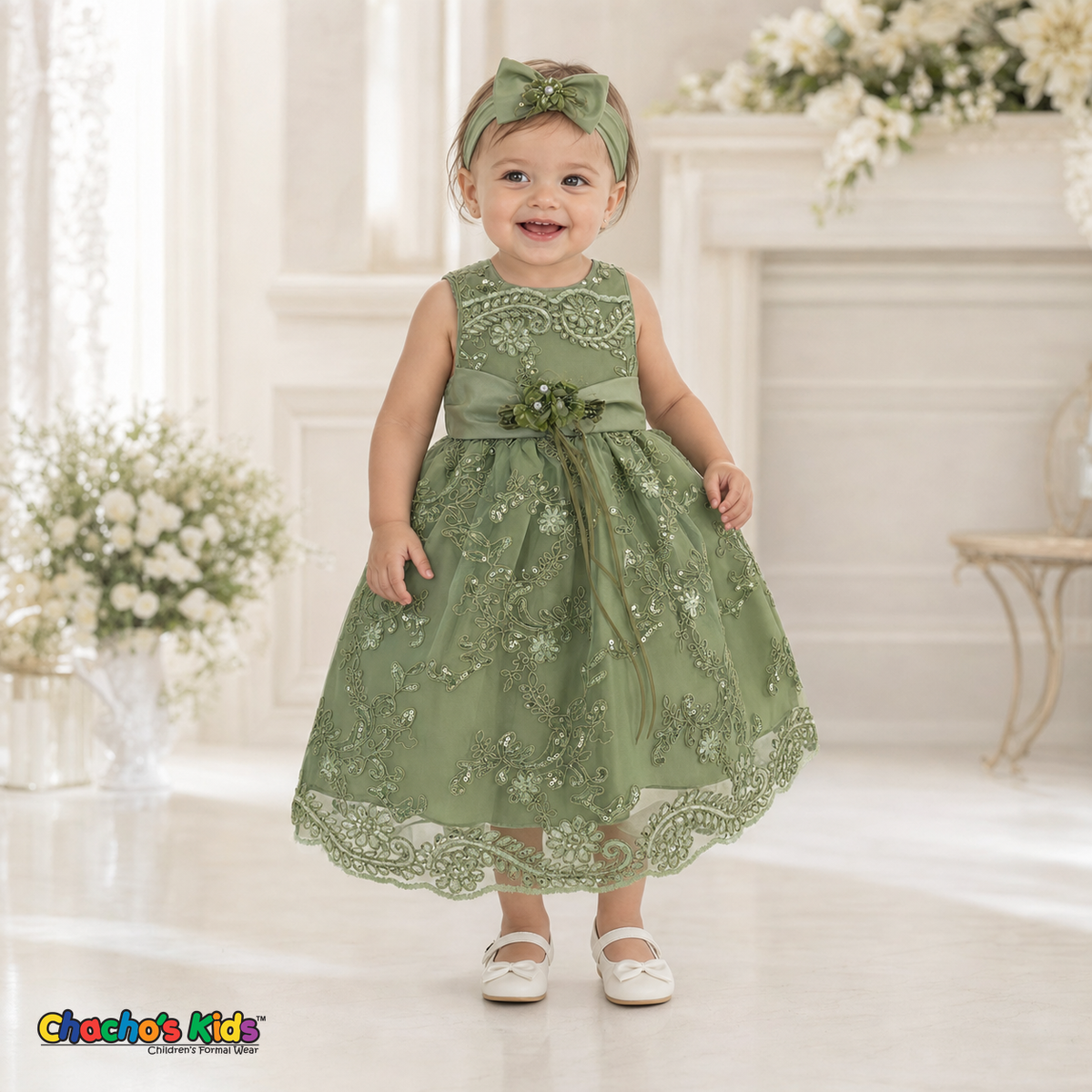Baby girl wearing sage green embroidered lace and tulle dress style D-1560 | Chacho's Kids