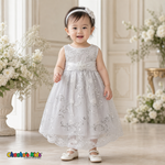 White D-1560 baby embroidered lace and tulle flower girl dress modeled by a toddler - Chacho's Kids