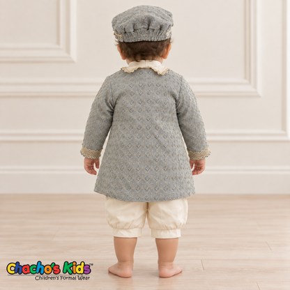 Dorian-Prince Baptism Outfit in ivory and muted blue with gold-tone trim, baby model back view with coat.