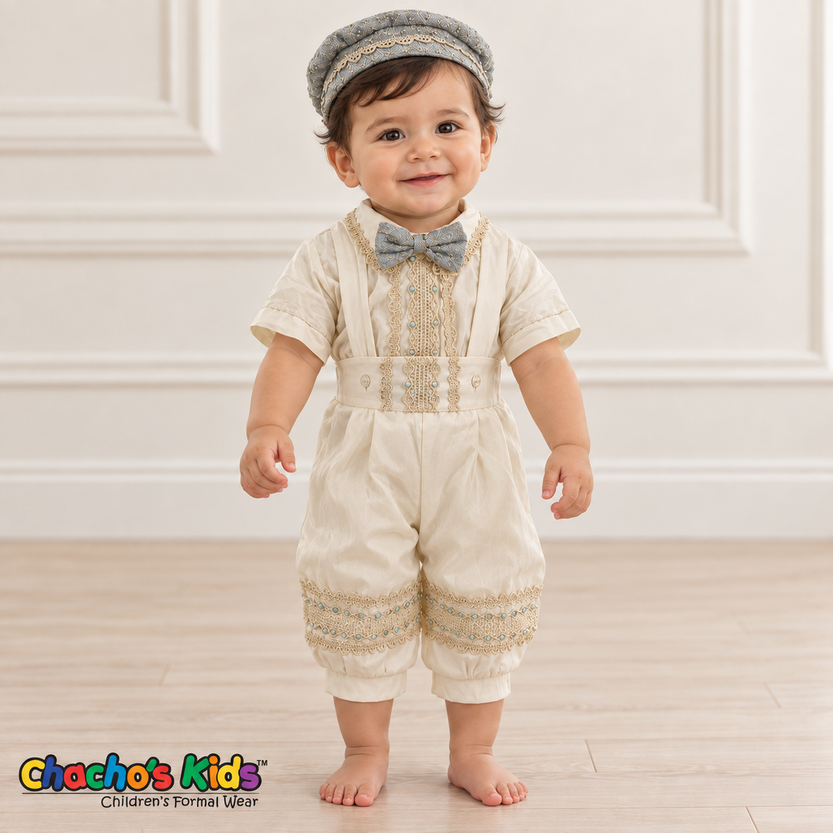 Dorian-Prince Baptism Outfit in ivory and muted blue with gold-tone trim, baby model front view without coat.